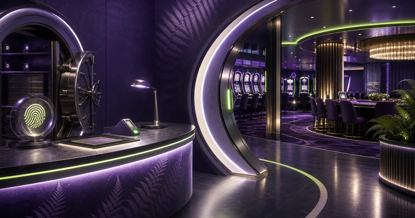 Violet New Zealand casino verification lounge leading into a protected game floor